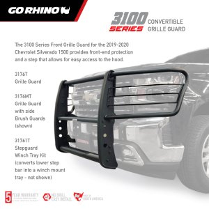 Chevrolet Silverado 1500 Grille Guard - Front - Go Rhino - 3100 Series StepGuard with Brush Guards - Textured Black - `19-`20